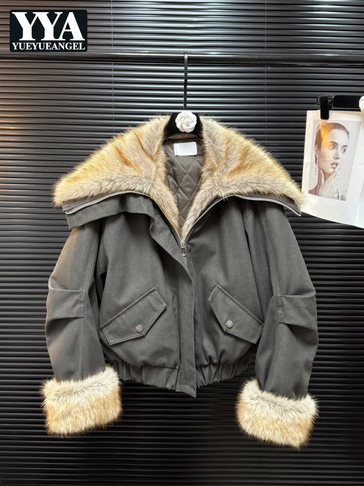 

Winter Thicken Warm Women Parkas Fashion Faux Fur Collar Zipper Streetwear Solid Color Casual Female Padded Lining Cargo Jacket