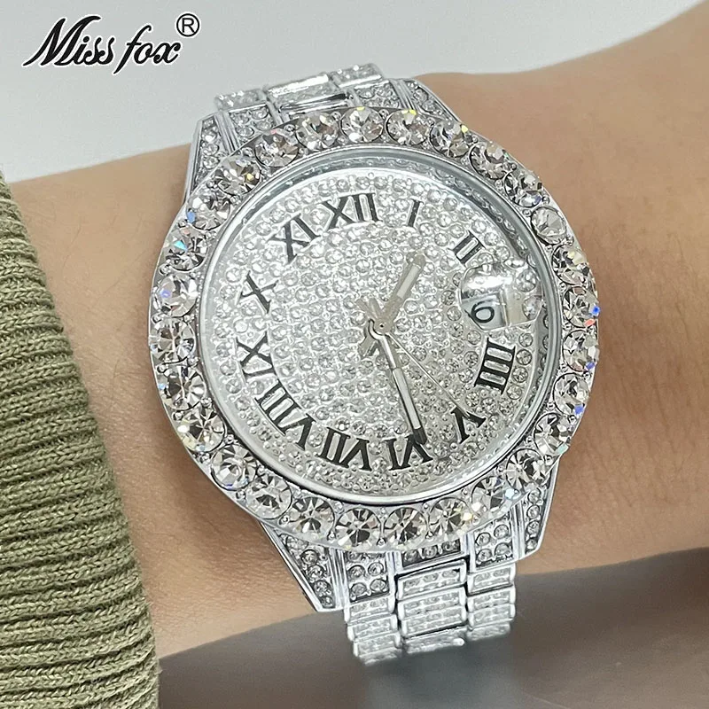 Luxury MISSFOX Sliver Womens Watches DIamond Fashion Wristwatch Waterproof Automatic Date Jewelry Clocks Lady Gift Free shipping