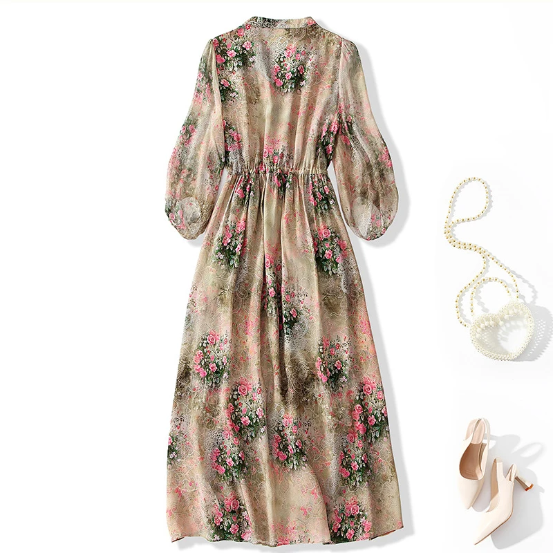 Winsleter-Women's 100%Real Silk Elegant Dress, V Neck 3/4 Sleeve Print Beading, French Vacation Dresses, 2025 Summer D56939CC