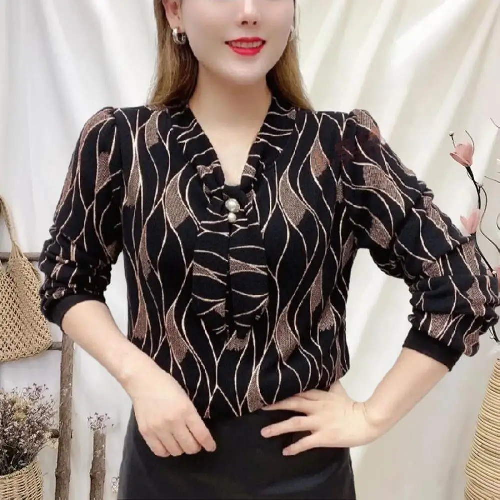 

V-neck Long Sleeve Blouse Stylish Women's V-neck Tie Shirt with Long Sleeves Faux Pearl Detailing Loose Fit Blouse Plus Size