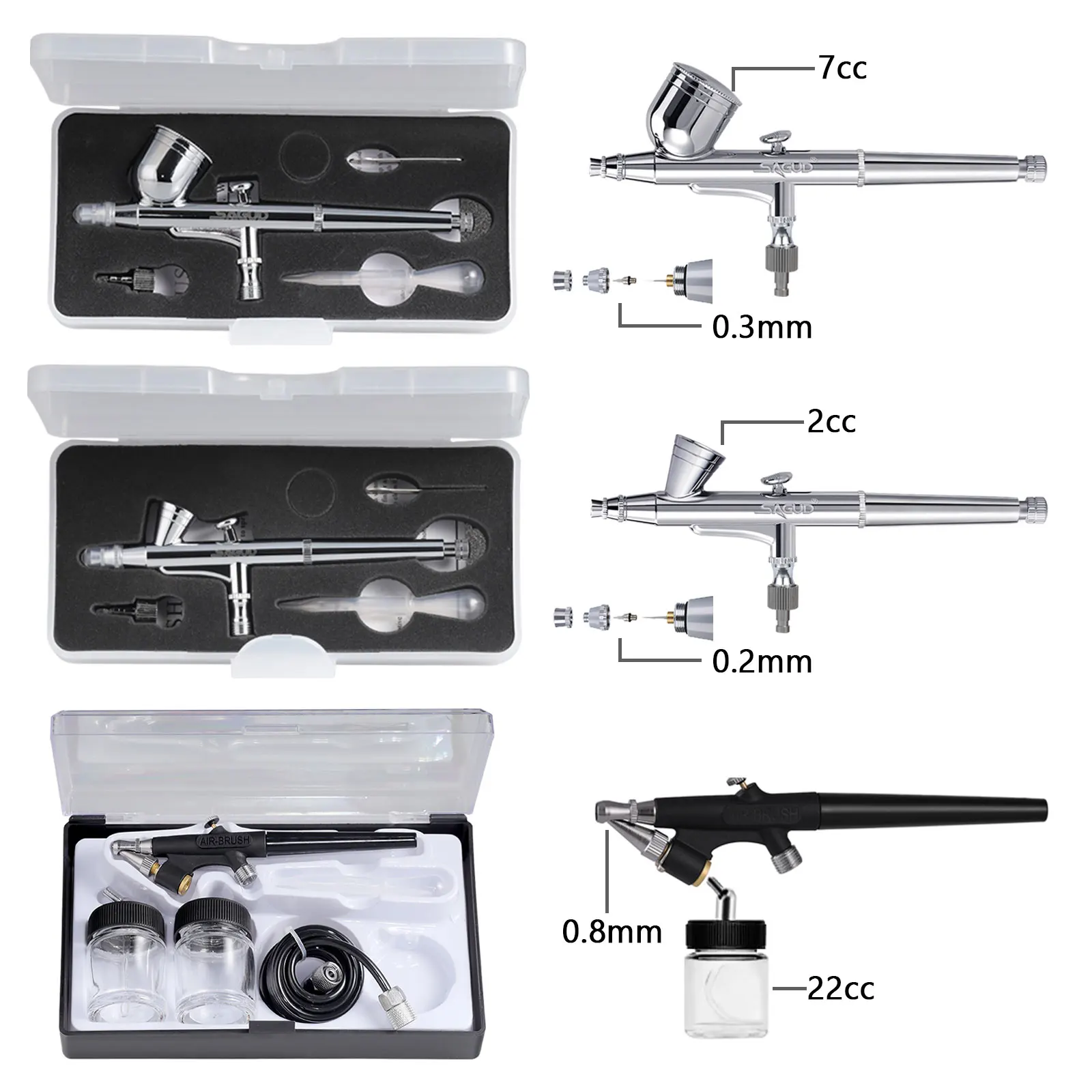 Air Compressor Airbrush Kit with 3 Professional Airbrush Sets 0.2/0.3mm Gravity & 0.8mm Siphon Feed Compressor for Painting