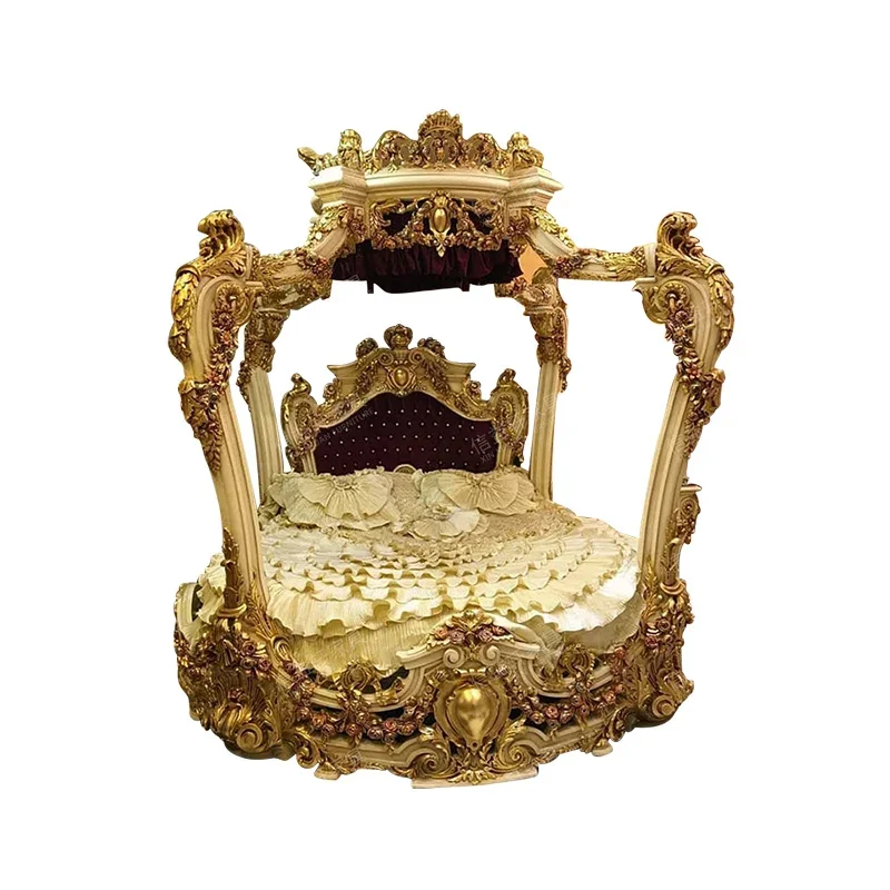 

Solid wood double bed, round crown, carved wedding bed