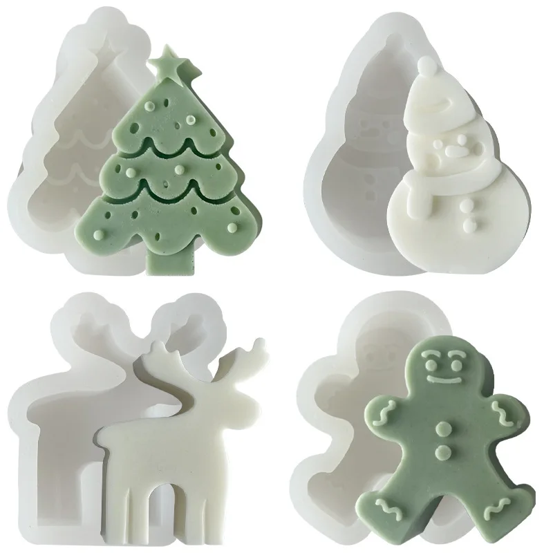 Christmas Tree Snowman Elk Silicone Candle Mold DIY Xmas Ornaments Making gingerbread man Soap Plaster Resin Casting Molds gift