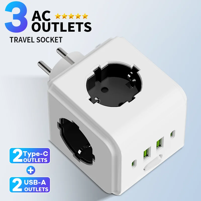

Универсальный сетевой адаптер EU 7-в-1 с 3 розетками переменного тока, 2 USB-A и 2 Type-C, защита от детей, защита от перегрузки, компактный дорожный адаптер