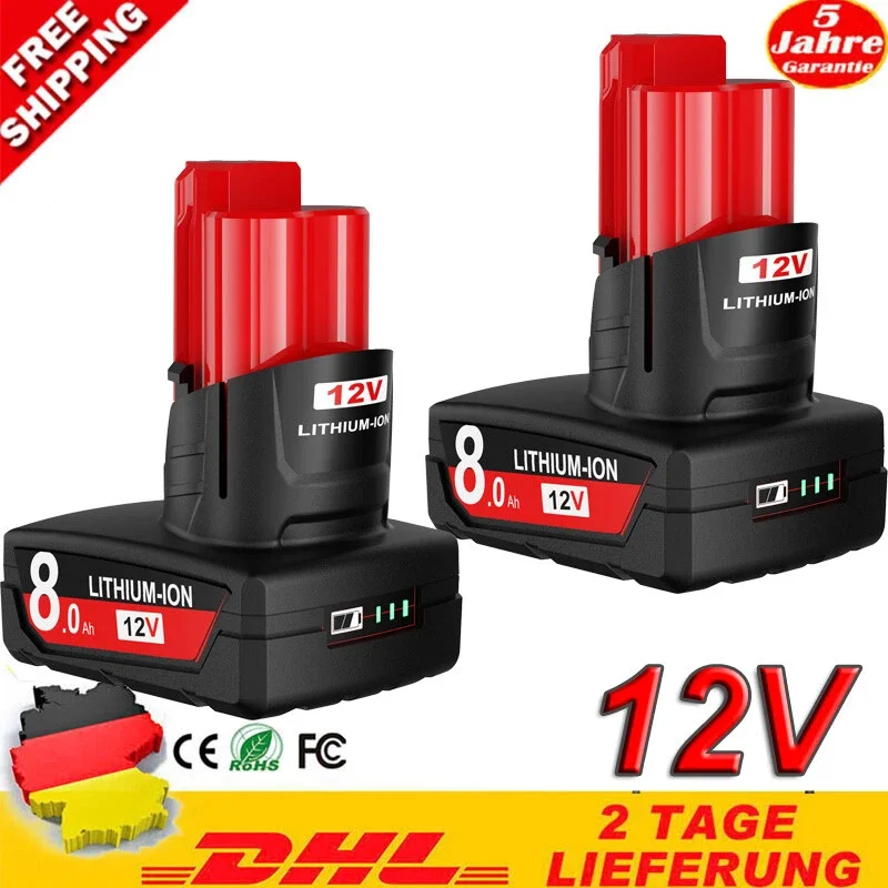 Pour batterie Milwaukee M12 12V 8.0Ah batterie Rechargeable avec lumière pour outils Milwaukee M12 48-11-2402 48-11-2401 48-11-2411