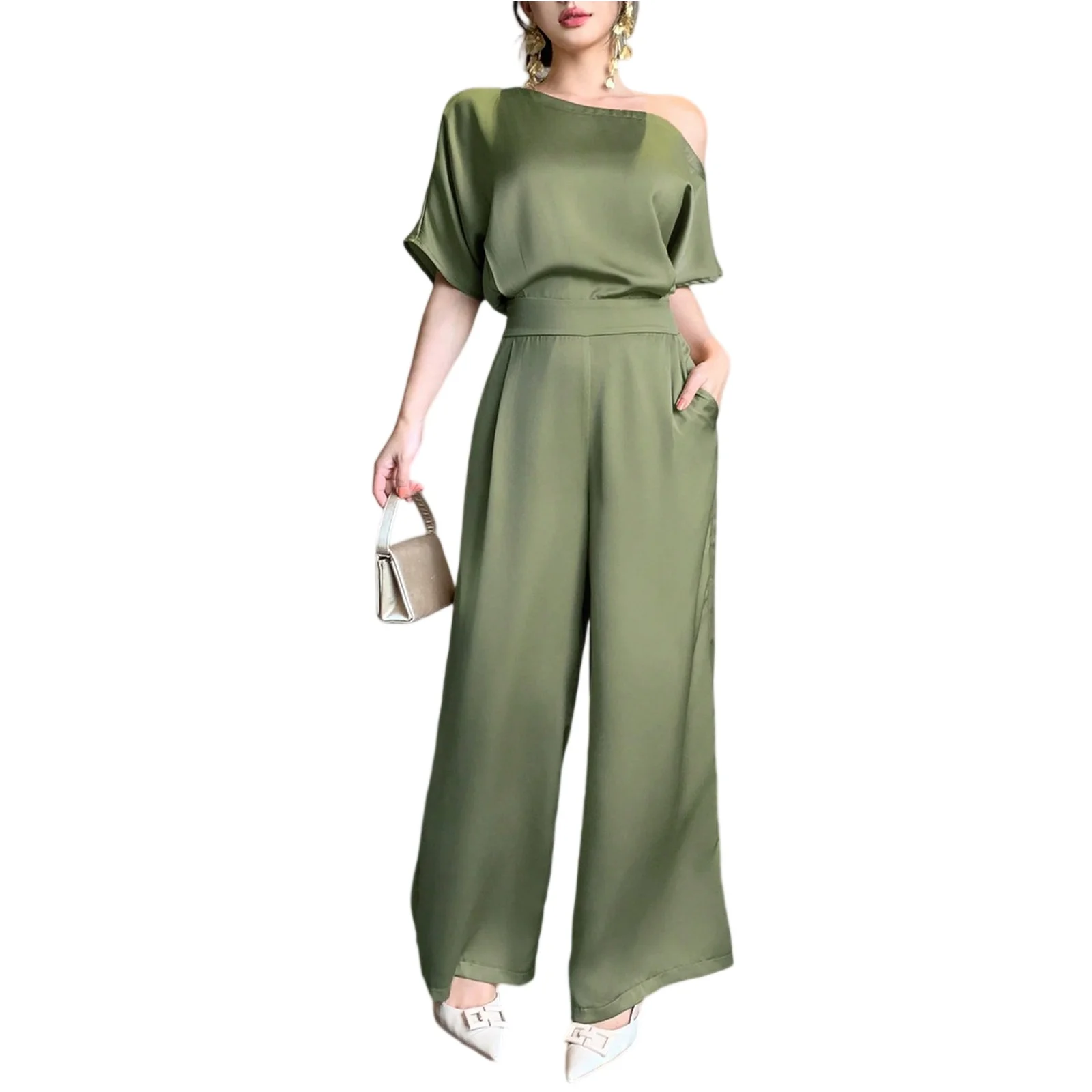 Solid Color Asymmetrical Jumpsuit Elegant Off Shoulder Jumpsuit Spring And Autumn Women'S Jumpsuit