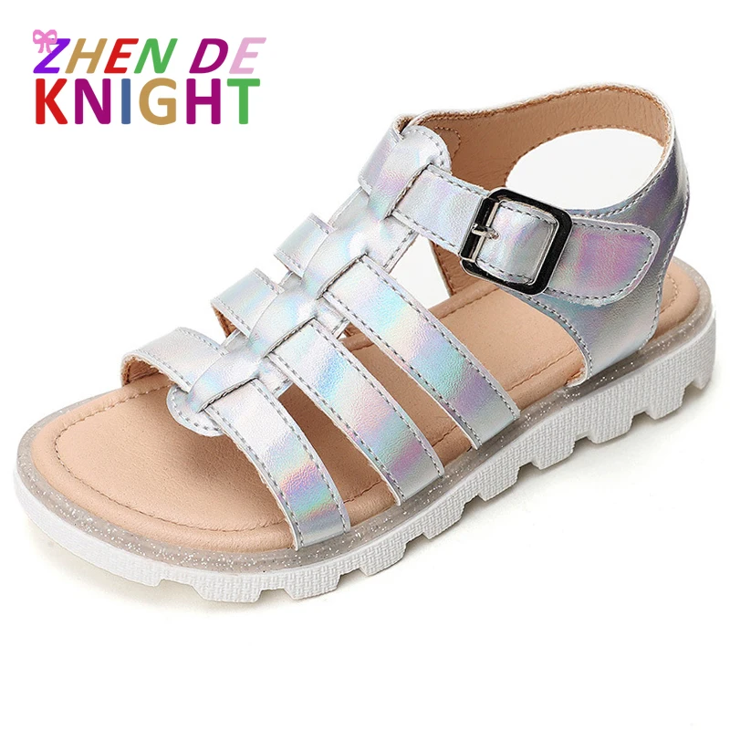 

Girls Sandals Summer Soft Sole Thick Sole Fashion Hook&Loop Student Girls Casual Flat Beach Shoes for Kids Silver Size 25-32