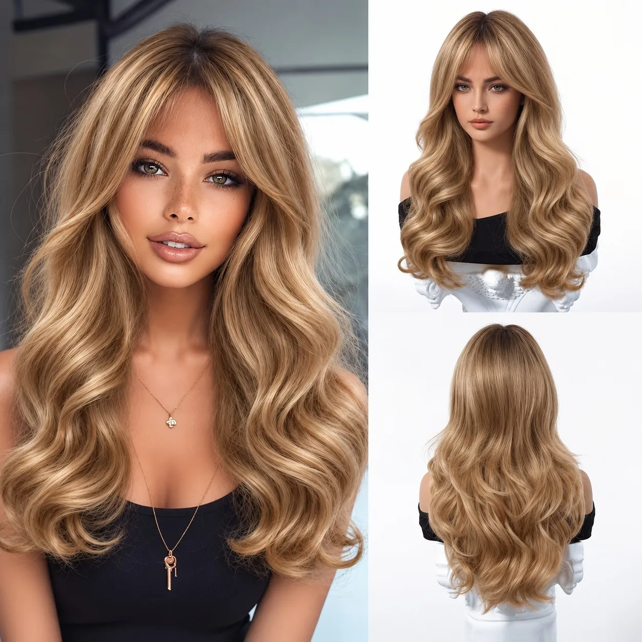 Women's long blond wig, big wave layered curly hair, medium natural fluffy wig cover, European and American fashion long curly
