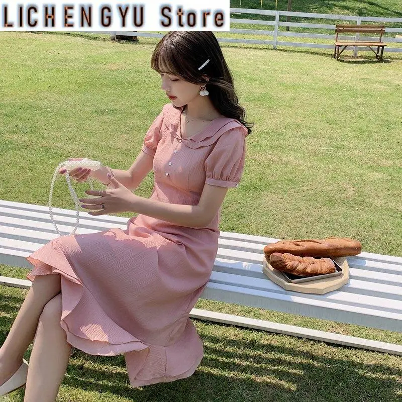 

New Dress Summer Korean Women's Lotus Leaf Collar Puff Sleeves Solid Color French Purple Short-sleeved Mid-length Dress