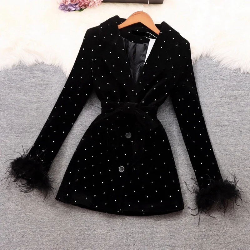 

Fashion Trend Women's Autumn And Winter Blazer 2025 Full Diamond Fur Sleeves Slim Fit Velvet Suit Jackets w1329