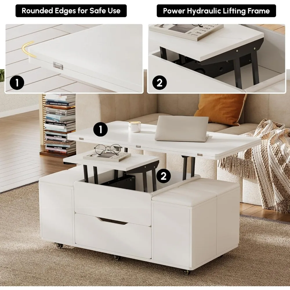 

Multi-Functional Modern Coffee Table with Lift Top Storage, 3-in-1 Folding Center Table Set with 4 Stools and Wheels