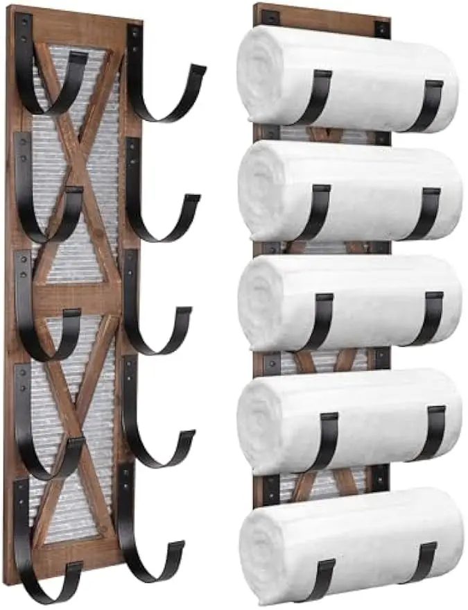 

Rustic Farmhouse Towel and Wine Rack, Wall-Mounted Bathroom Kitchen Decor in Weathered Wood