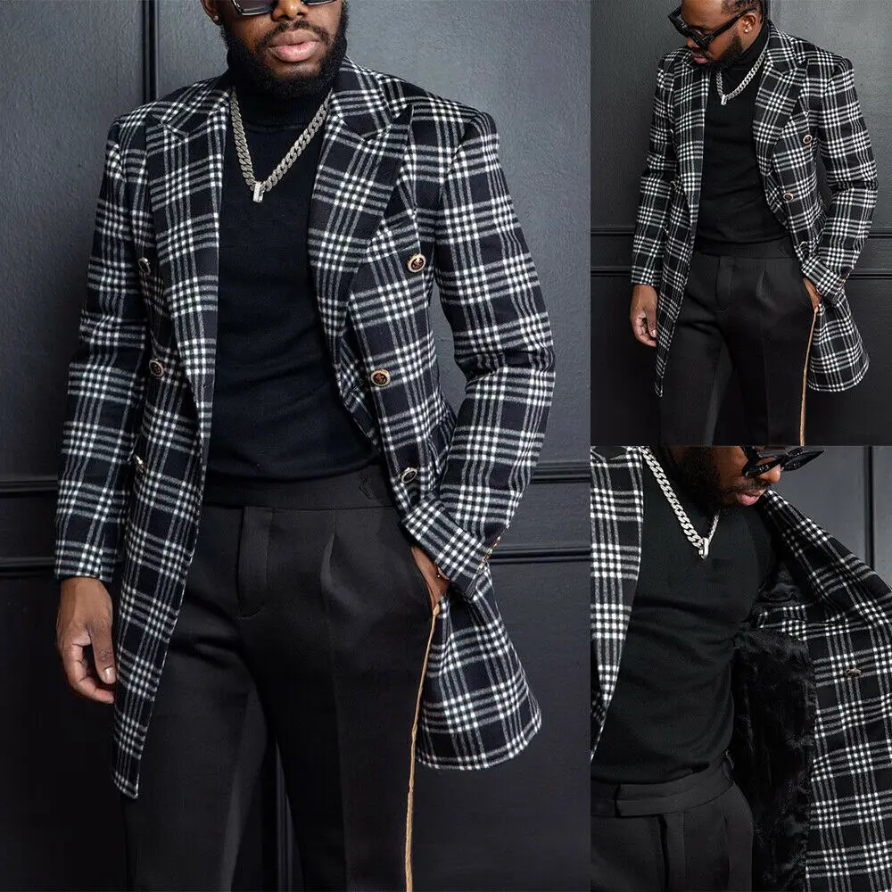 

Men Long Coat Black And White Plaid Double Breasted Tailor-Made Woolen Blend Winter Warm Overcoat Tailored Blazer Men Suits