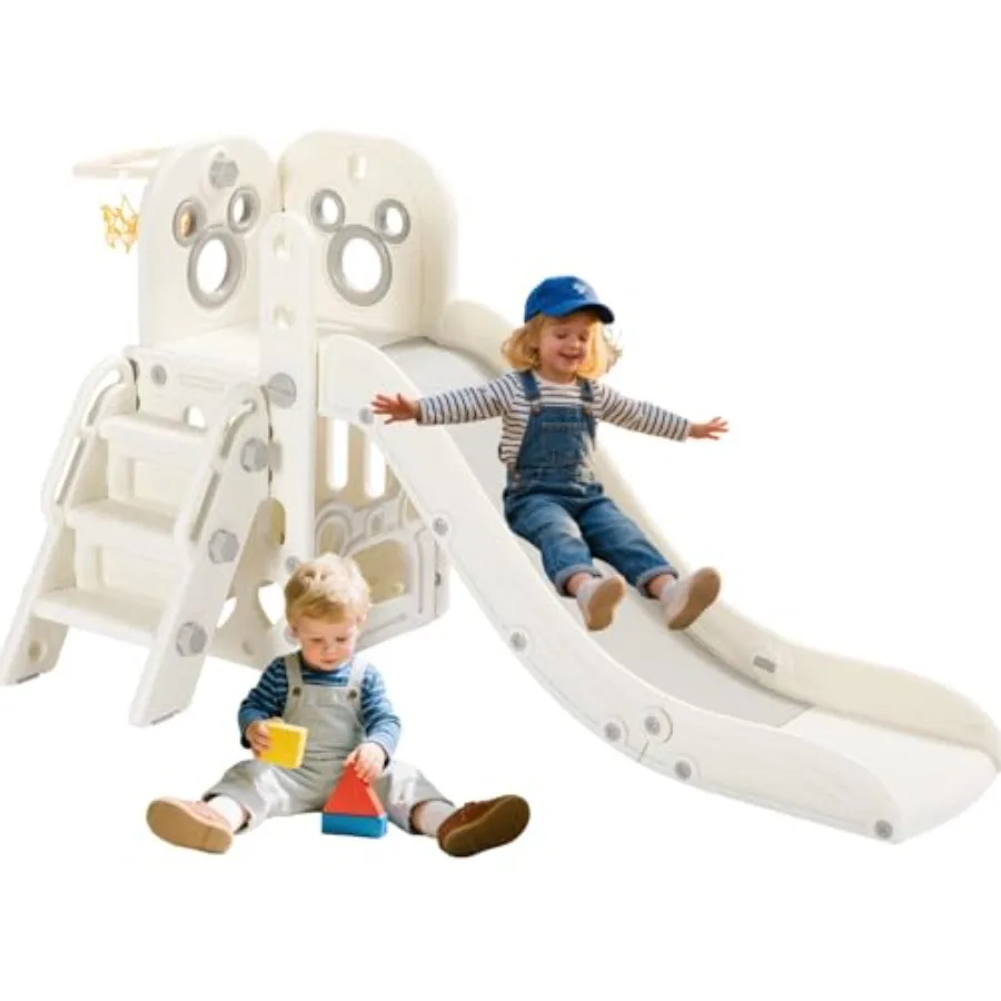 

Игровой комплекс 6 в 1 для малышей: сверхдлинная горка, баскетбольное кольцо, место для хранения мячей, нескользящая поверхность, для дома и улицы