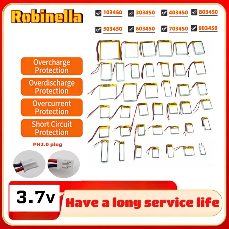 

Литий-полимерный аккумулятор 3.7V 103450 (503450, 303450, 403450, 603450, 703450, 803450, 903450, 123450) LiPo 2000 мАч с разъемом JST PH2.0 2pin