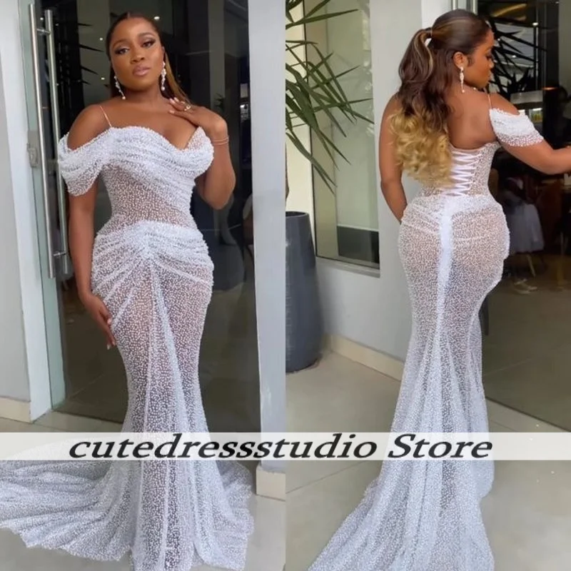 

Charming Off The Shoulder Mermaid Evening Dresses For Women Luxury Peals See Through Prom Dress Wedding Party Gowns Customized