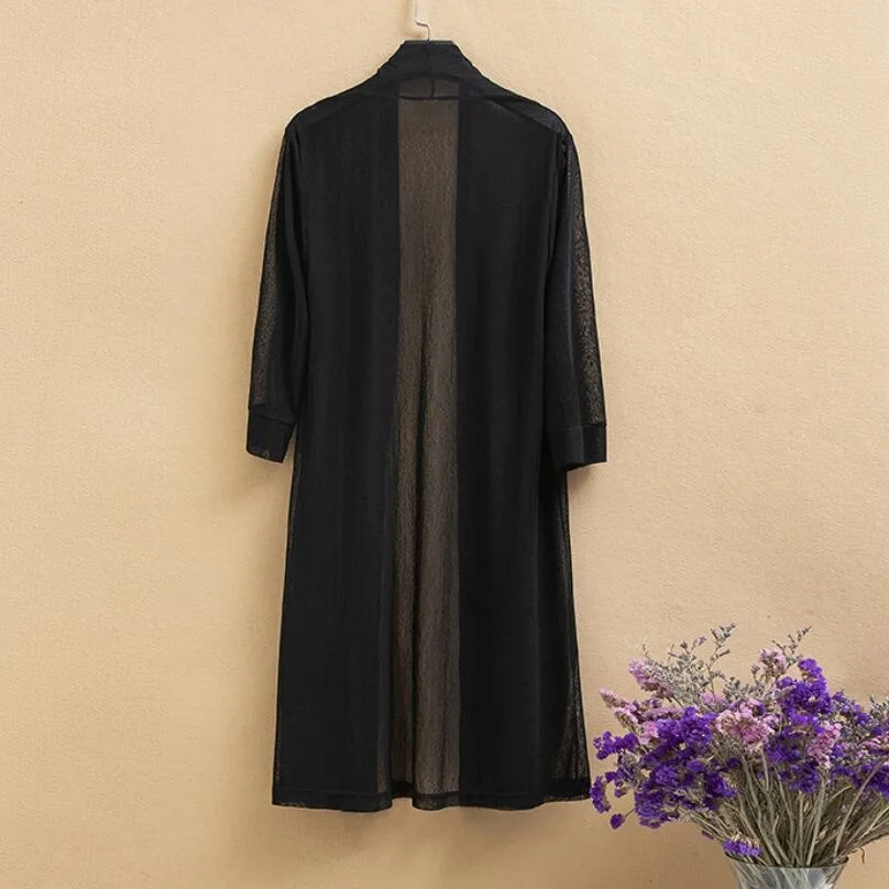 

Thin Loose Medium Long Outer Coat Street Sle Pure Color Summer Sweater Lightweight Long Sve A-Line Coat for Women