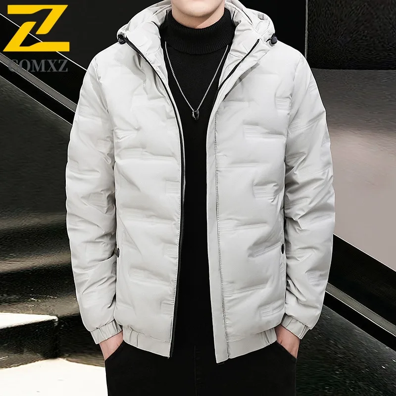 COMXZ 2025 Mens Winter Hooded Fleece Puffer Jacket American style Waterproof and Windproof Trendy Casual Outdoor Sports Coat