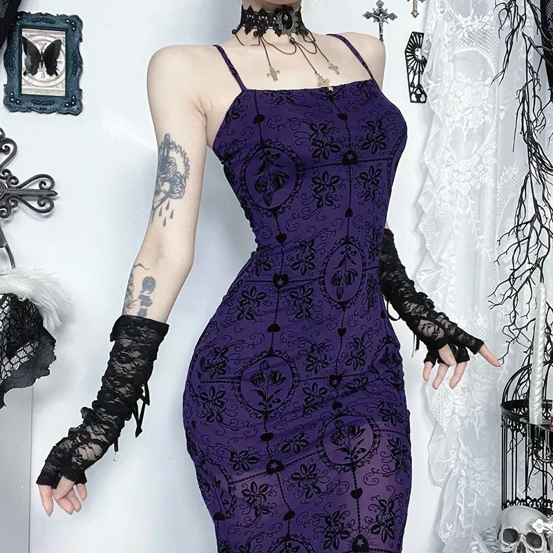 2025 New Retro Gothic Dark Cyber Y2K Print Straps Maxi Dress Women Elegant Slim Outfits Sexy Mesh Sheer Hem Split Party Dresses