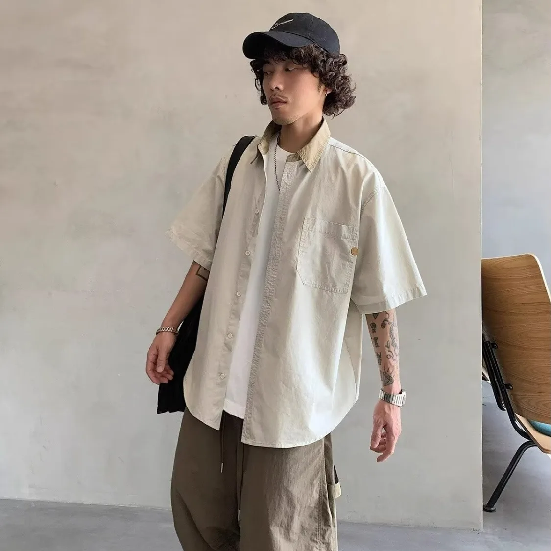 

Summer Loose Casual Men's Short Sleeve Shirt Retro Color Block Collar Workwear Breathable Polyester Fiber Youth Popular Style