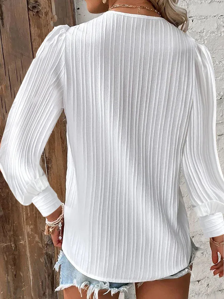 Women\'s White Blouses Lace Stitching V-neck Simple Chiffon Shirt Fall Long Sleeve Pullover Loose Top Elegant Street Blous Women