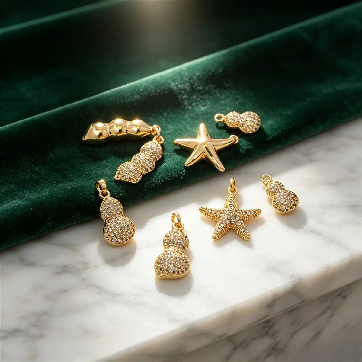 Gold Plated Gourd Peanut Starfish CZ Paved Charms Multi‑Style Crystal Pendants For DIY Necklace Bracelet Earring Handmade Jewelr