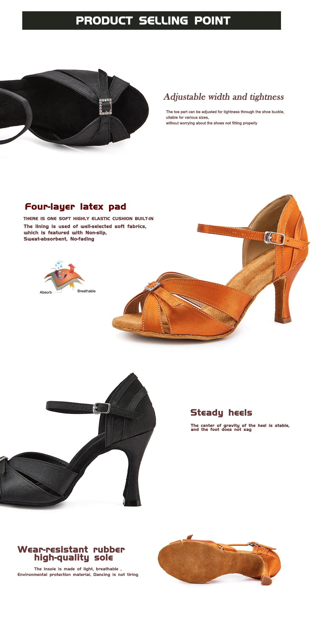 CINMIDY Schwarze Seiden-Satin-Tanzschuhe für Damen, Verstellbare Weite und Schmalheit, Tango-Latin-Tanzschuhe, Stabiler Absatz, Partyschuhe – Detail 4