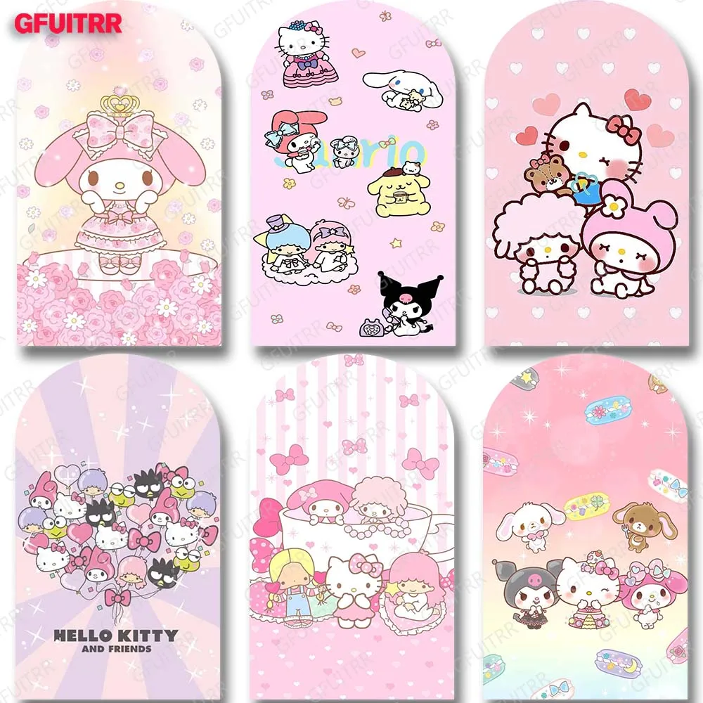 Miniso Hello Kitty Arch Achtergrond Schattige Cartoon Fotografie Achtergrond Meisje Verjaardagsfeestje Dubbelzijdig Print Stof Foto Rekwisieten