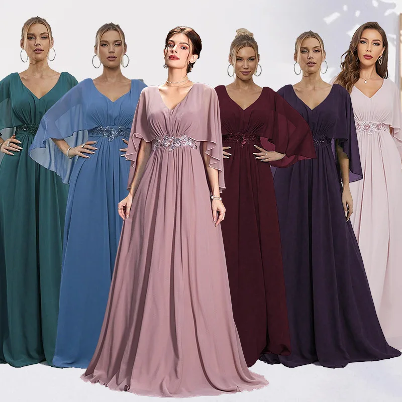 

Elegant V-neck Waist Sequined Flowers Chiffon Long Formal Evening Dress With Half Sleeves