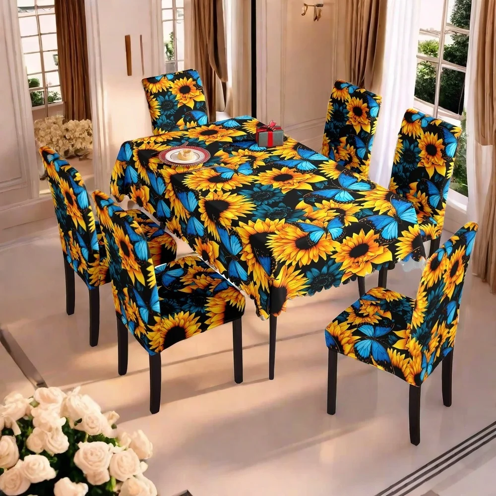 

5/7 шт., семейный чехол для обеденного стула и скатерти, эластичный чехол для стула, моющийся, подходит для гостиной, отеля, ресторана