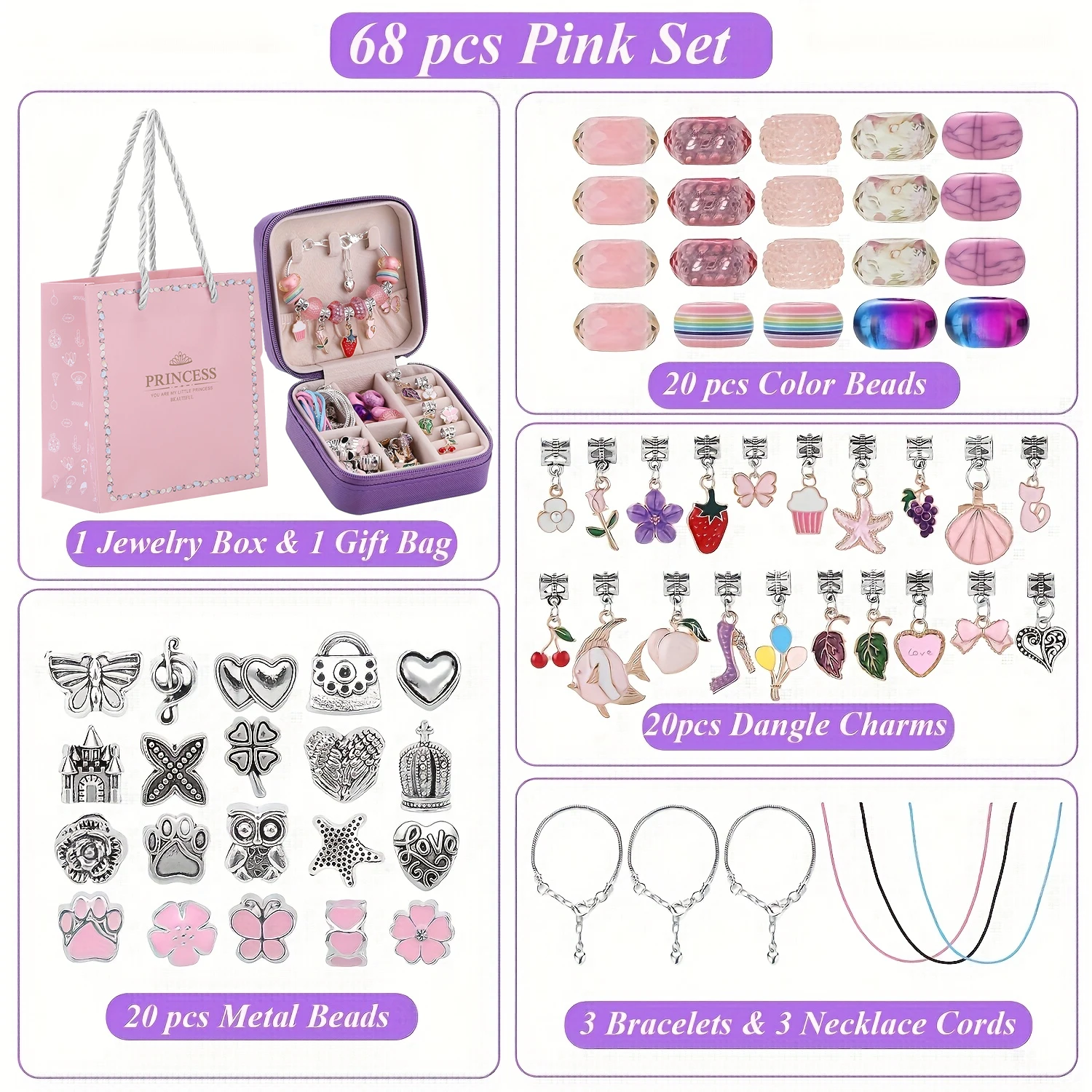 68Pcs Beading Kit with a Violet Jewelry Box Pink Charms Bracelet Making Kit, DIY Beaded Bracelet Necklace Making Gift Box