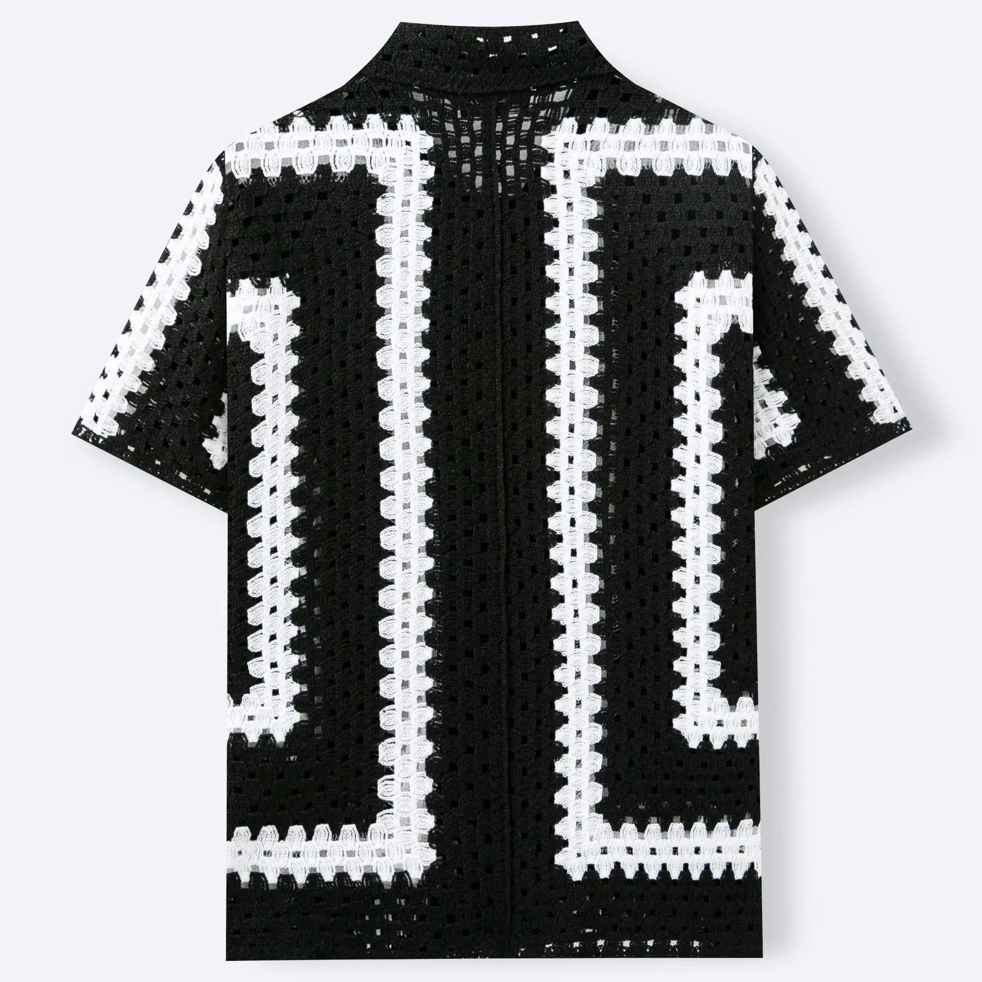 Men's luxury fashion top with black and white contrasting stripes, hollowed out crochet knit sweater, casual cardigan, polo shir