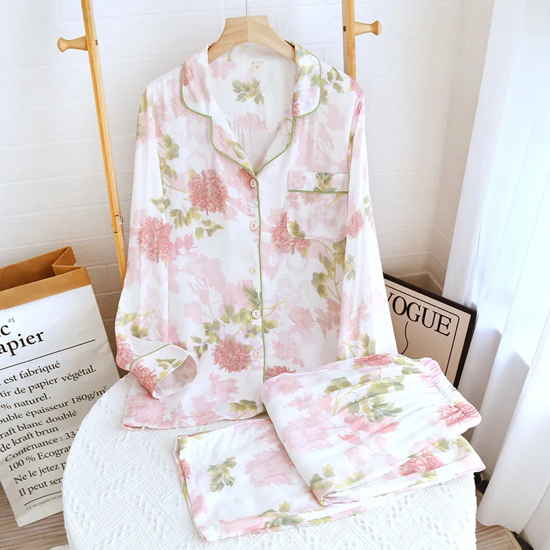 Women's Floral Print Long Sleeve Cotton Spring Autumn Ladies Sleepwear 2 Pcs with Pant Single Breasted Comfortable Pijama Female