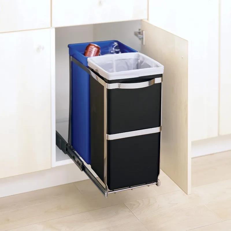 35 Liter / 9.3 Gallon Dual Compartment Under Counter Kitchen Cabinet Pull-Out Recycling Bin and Trash Can, Chrome