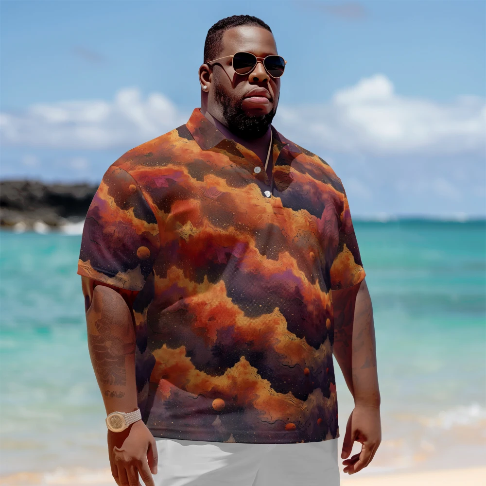 

1 men's plus size polo shirt with summer orange cloud print casual lapel button suitable for shopping and golf