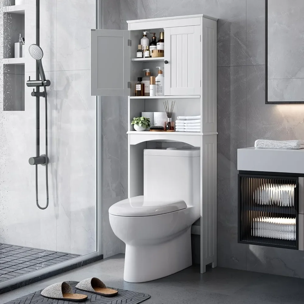 

Over Toilet Storage Cabinet with Open Shelves, Storage Rack, Adjustable Shelves, Double Doors, Over Toilet Storage Rack