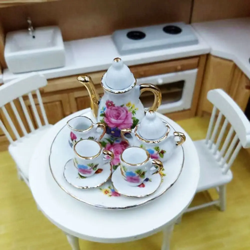 Floral Print Dollhouse Dinnerware Tableware Pink Rose Doll Porcelain Tea Set 1:12 Dish Plate Miniature Cups Pot Children's Toy