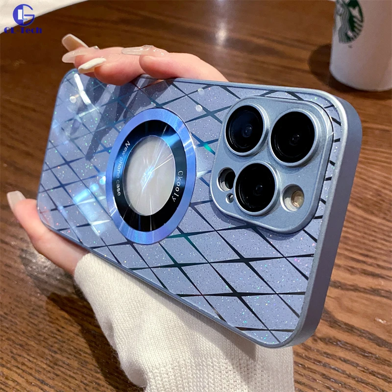 

Luxury Bling Gridlines Texture Soft Frame Anti-drop Case for iPhone 14 Plus 13 12 Pro Max Magsafe Magnetic With Lens Film Cover