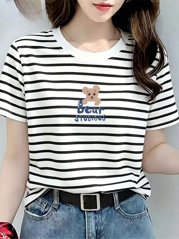 Loose Striped Short Sleeve T-Shirt for Middle-Aged And Elderly Summer Breathable plus Size Belly Covering Slimming Versatile Top