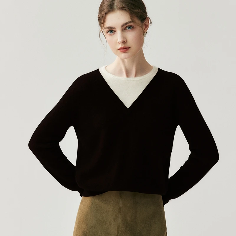 Damen-Pullover aus 100 % Kaschmir, rund, V-Ausschnitt, gefälschter zweiteiliger Farbblock-Pullover, Basic, weiche Kaschmir-Strickwaren, Herbst-Winter-Top