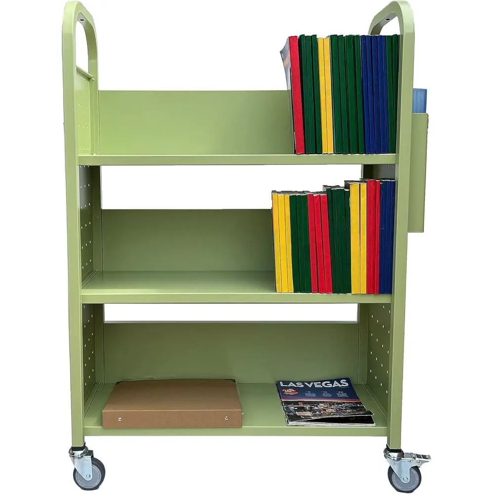Carrito de Libros con Ruedas, 3 Estantes, Carrito de Libros con Ruedas Giratorias Bloqueables 3001 Verde