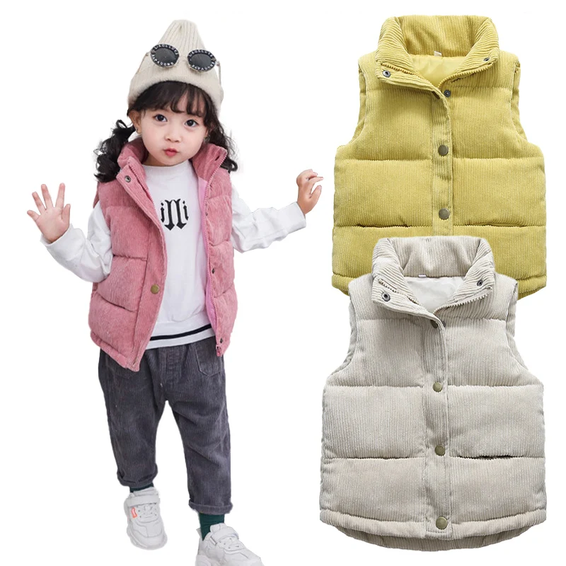 

Children Autumn Winter Warm Vest Girls Casual Solid Color Jacket Boys Simple Fashion Collar Thickened Corduroy Waistcoat 3Y-10Y