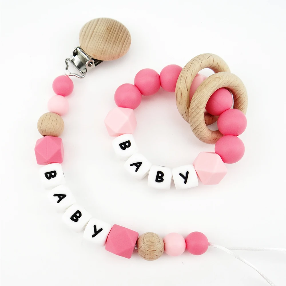 2PCS Personalized Name Pacifier Clips Silicone Letter Beads Teething Bracelet Wooden Nipple Holder Dummy Chain Baby Shower Gifts