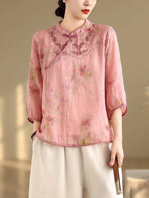 

Slimming Embroidered Stand Collar irt Lantern Sve Thin Summer New Loose Fit Side Buttoned Flax Small irt Women's Faion