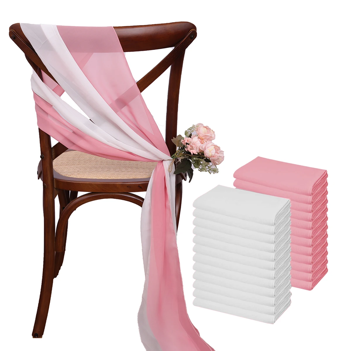 

24 Pcs 17x275cm Pink Chiffon Chair Sashes 12 Set Chair Sash Wedding Chair Covers Ribbon Wedding Party Aisle Chair Decor