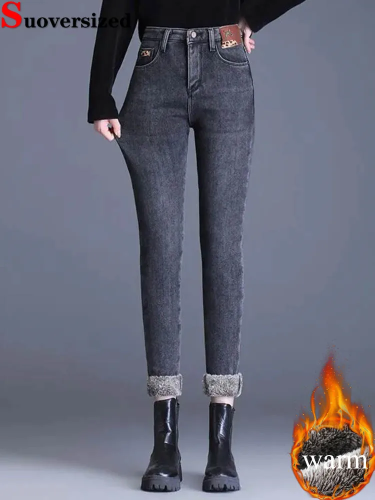 

Узкие джинсы-карандаш на флисовой подкладке, зимние теплые эластичные винтажные джинсовые брюки с высокой талией, корейская мода, утепленная уличная одежда Vaqueros