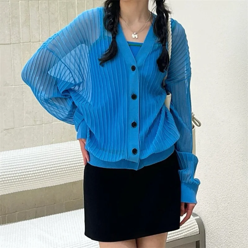 

Cardigan for women 2026 Summer New Stretch Knitted Women's long sleeved top Half perspective women's sweater thin Women's coat