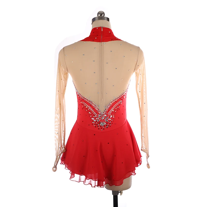 Nasinaya Figure Skating Competition Training Women\'s Rhythmic Gymnastics Dress Red Long Sleeve Shiny Rhinestone Mesh