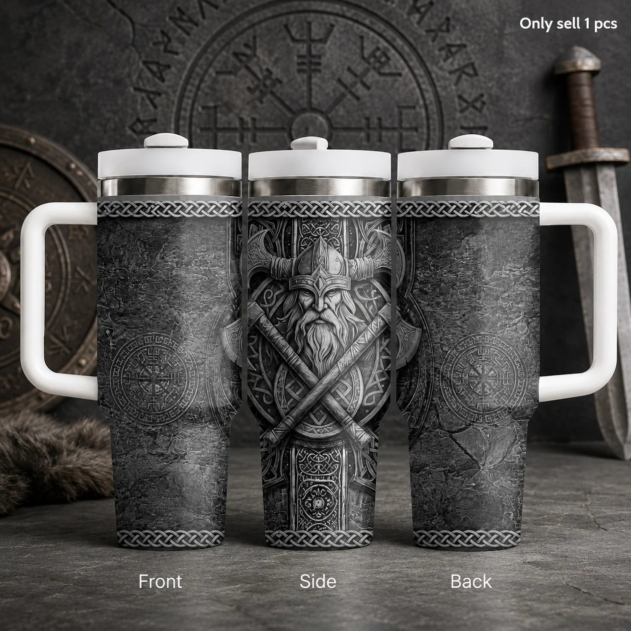 Legendary V-Viking Warrior Vacuum Flasks 40oz Stainless Steel Insulated Tumbler With Handle & Straw Leakproof Travel Mug