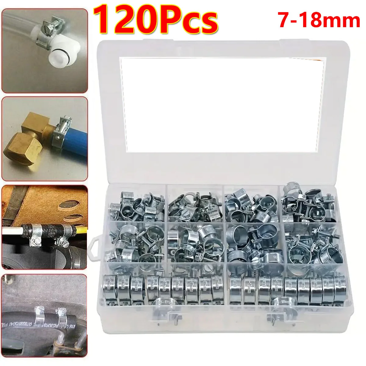 120Pcs 7-18mm Mini Clamp Fuel Injection Hose Air Hose Clamps Assortment Kit Diesel Petrol Metal Pipe Clips Water Assorted Kit